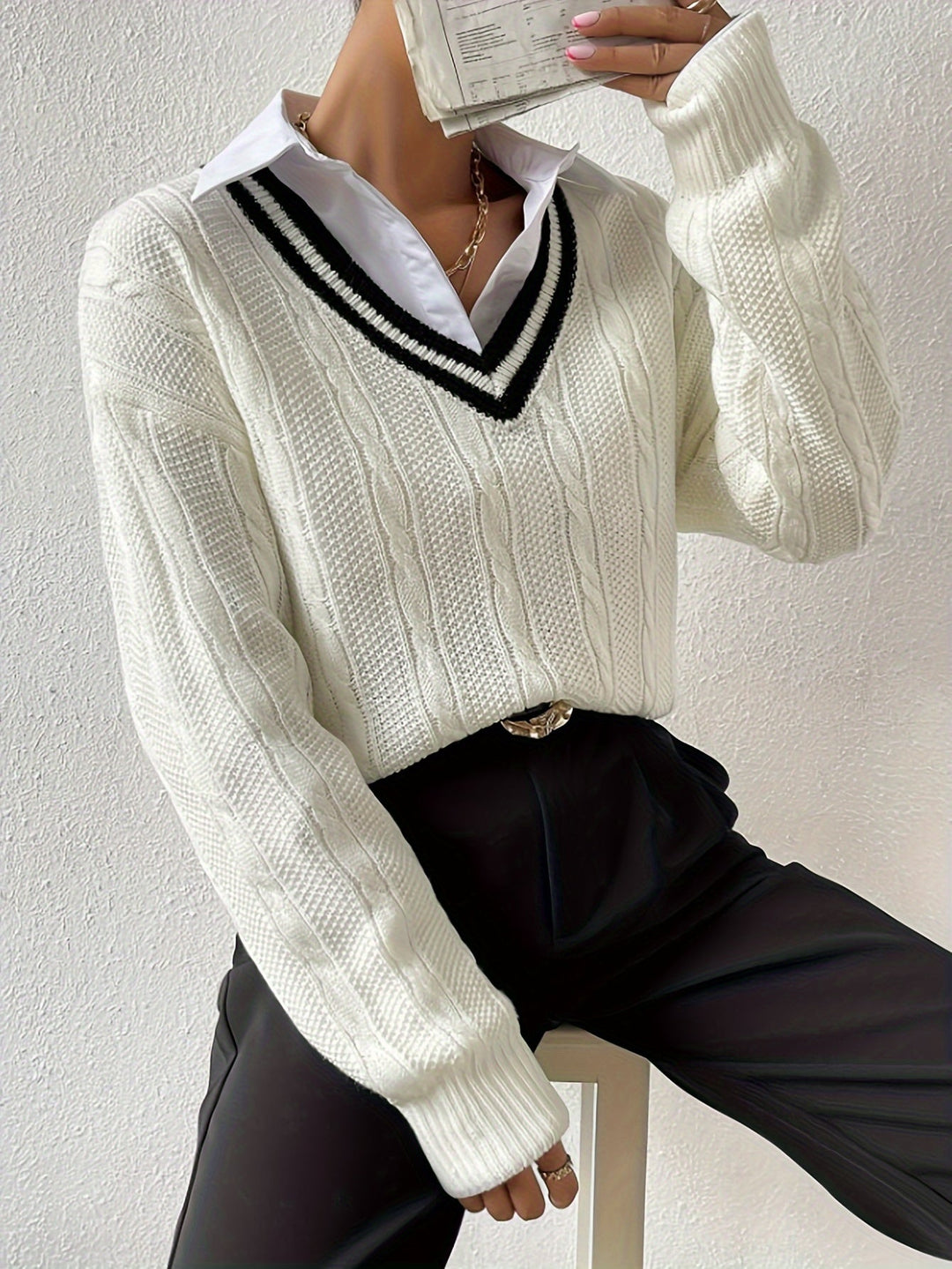 Cable Knit V-Neck Sweater